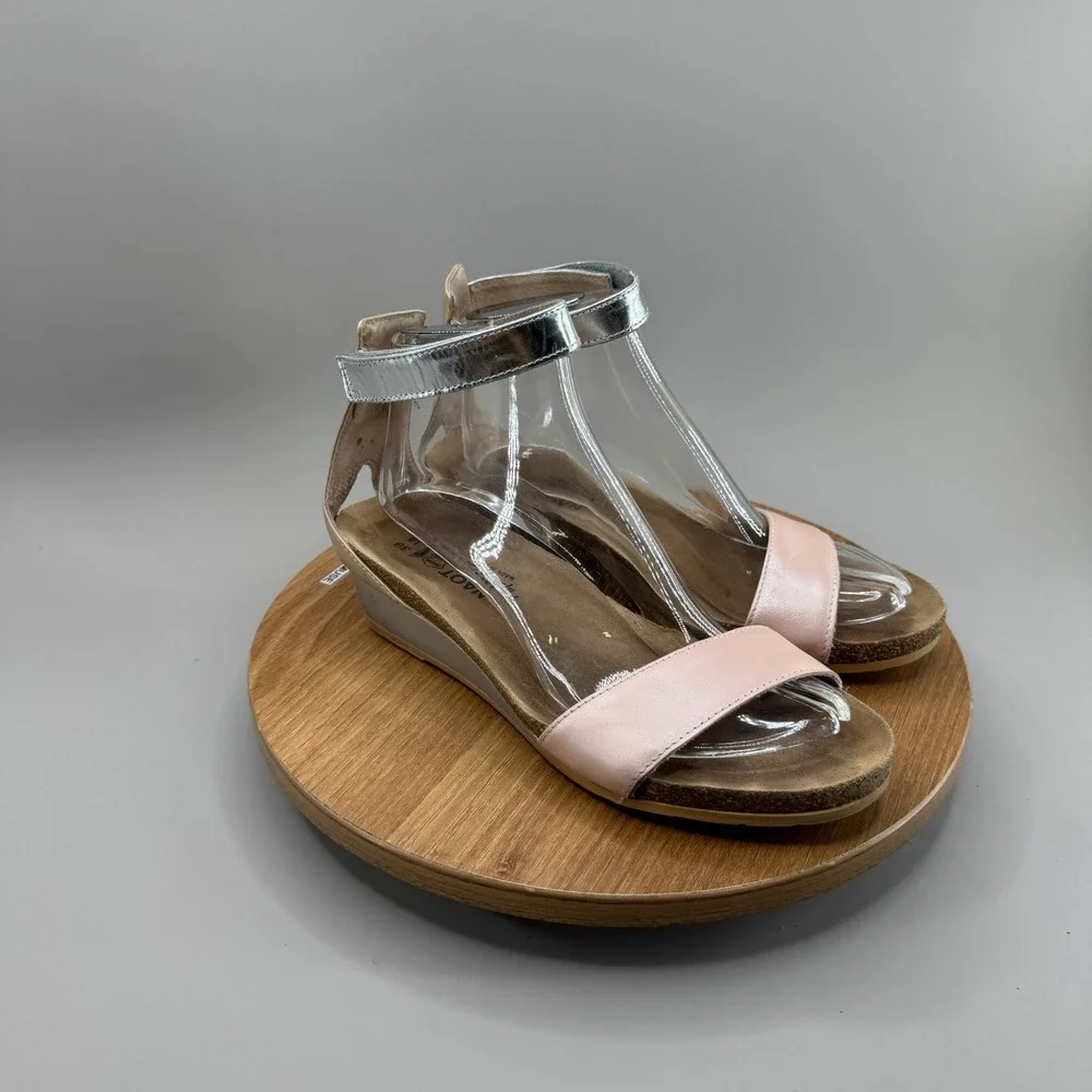 Naot Wedge Sandals 39 8 8.5 Pink Silver Leather Metallic Comfort Boho Chic Cork